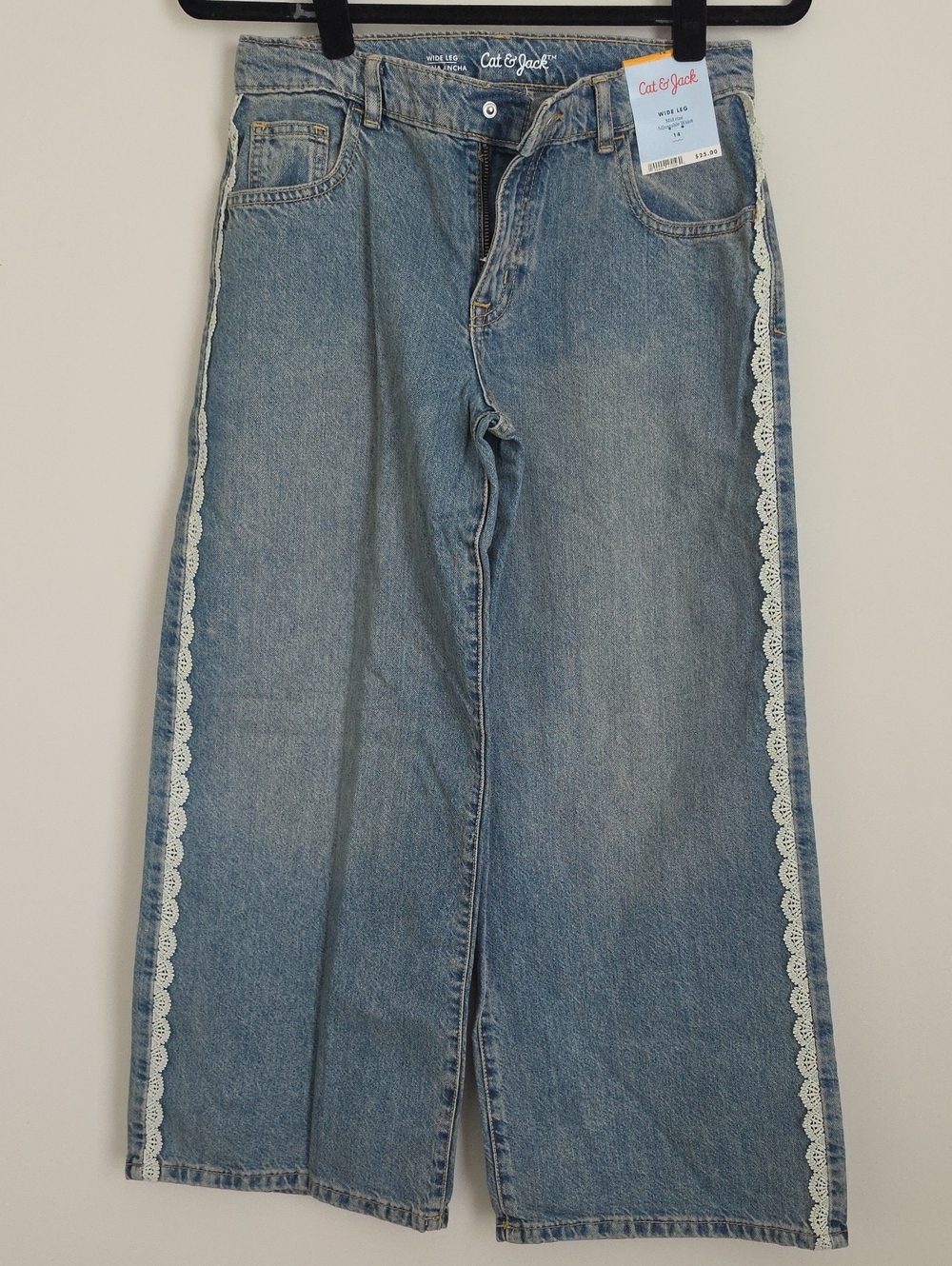Cat & Jack Light Blue Wide-Leg Jeans with White Lace Side Trim